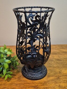 DECORATIVE Black Metal Hurricane Floral Scrollwork Motif Candleholder